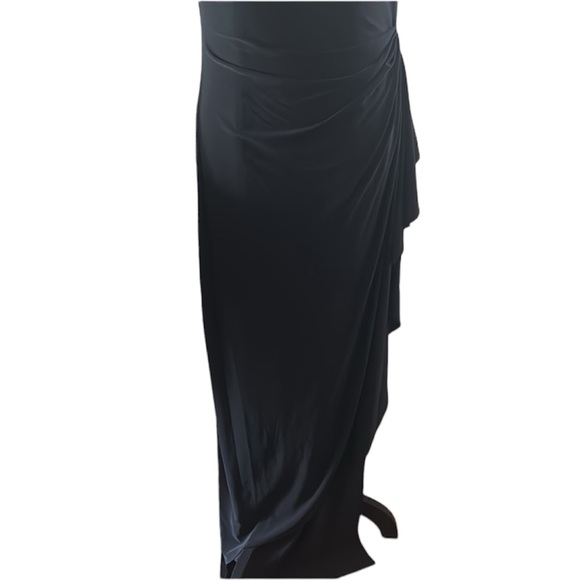 SLNY Black Gold Sleeveless Illusion Gown Front Slit Formal Dress - Picture 4 of 7